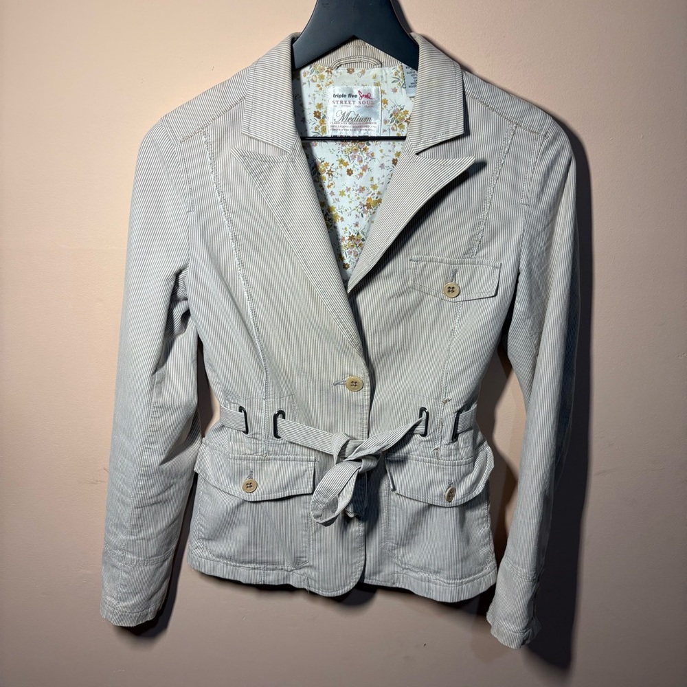 Triple Five Soul Utility Blazer Jacket M Pinstripe Belted Floral Lining Y2K